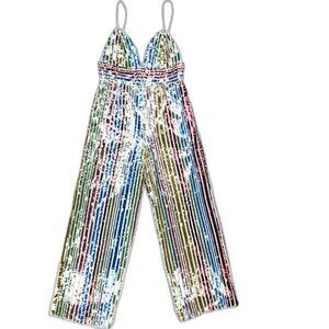 NEW Saylor Jojo Wide Leg Sequin Jumpsuit Rainbow Strips 70s Glam Maximalist Boho
